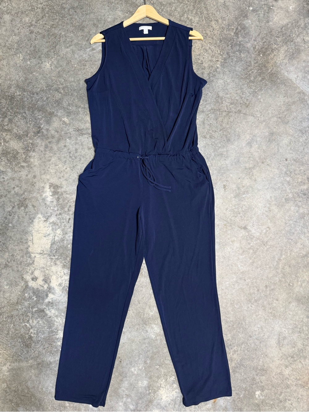 New York & Company Navy Sleeveless Faux-Wrap Jumpsuit with Drawstring Waist